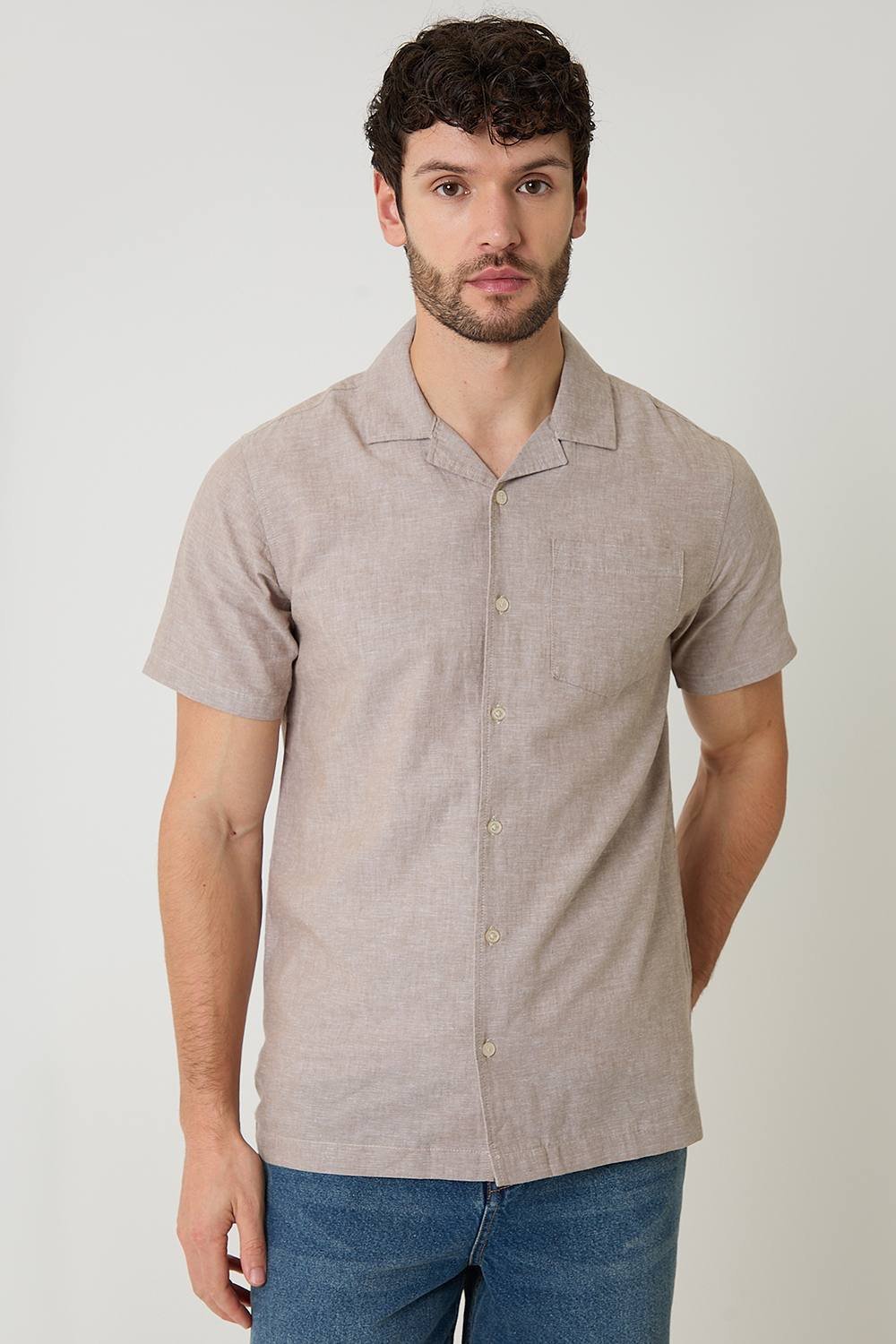Threadbare Threadbare Men's Linen Cotton Blend Short Sleeve Shirt in Taupe - 3