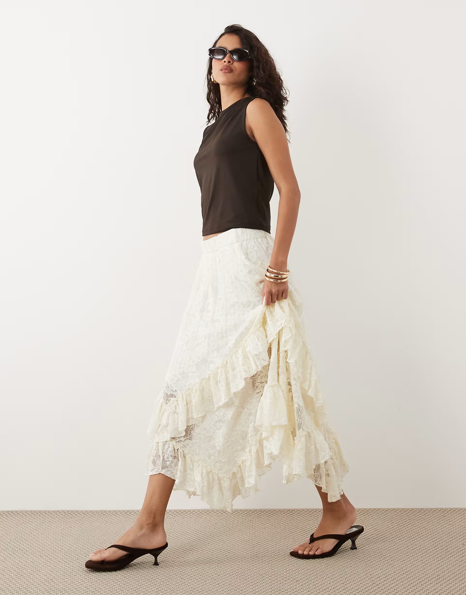 ASOS YAS all over lace ruffle trim hanky hem skirt in cream