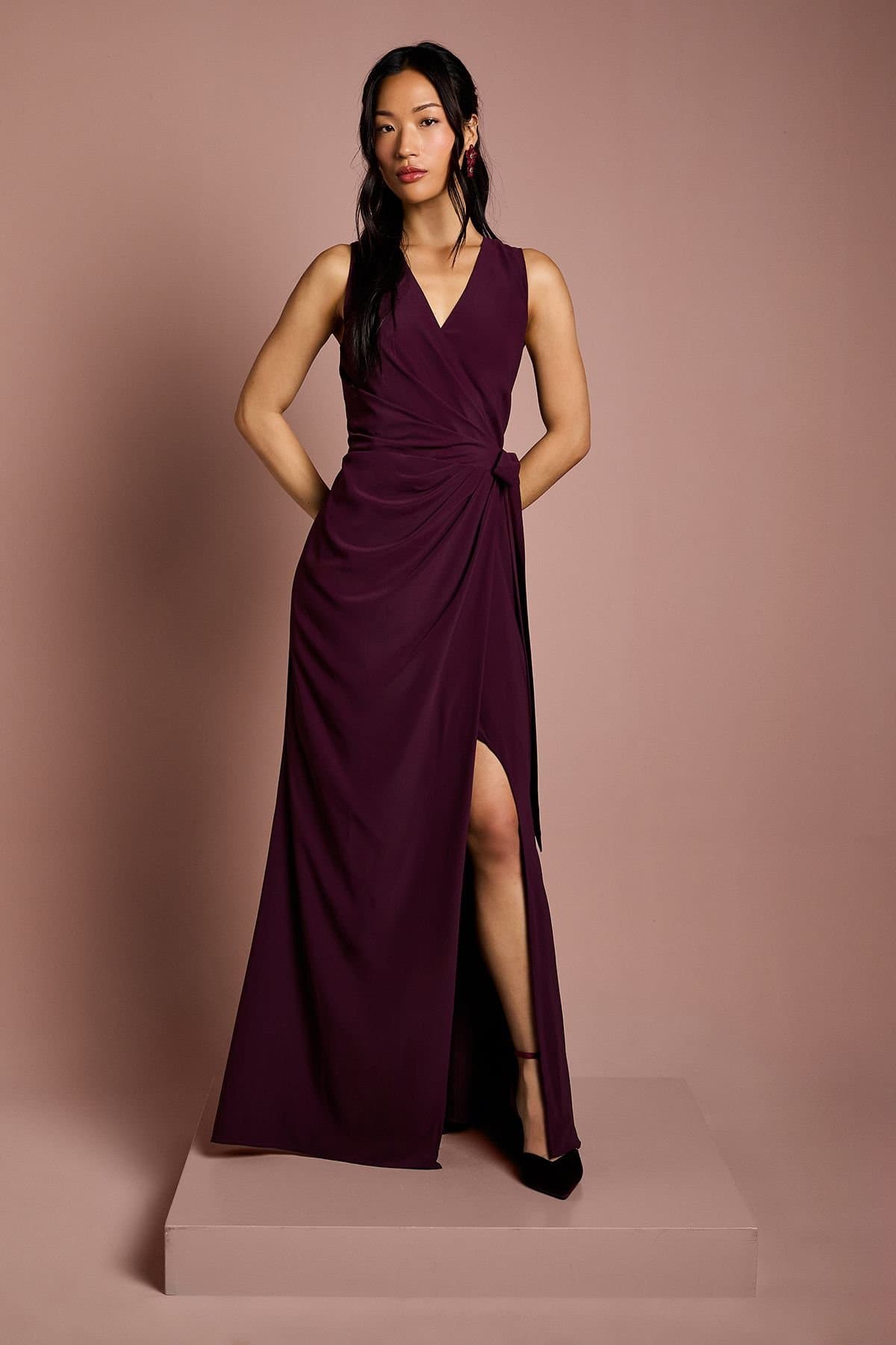 Coast Coast Women's V Neck Wrap Detail Crepe Maxi Bridesmaid Dress in Fig