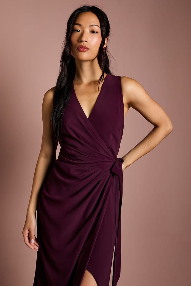 Coast Coast Women's V Neck Wrap Detail Crepe Maxi Bridesmaid Dress in Fig - 2