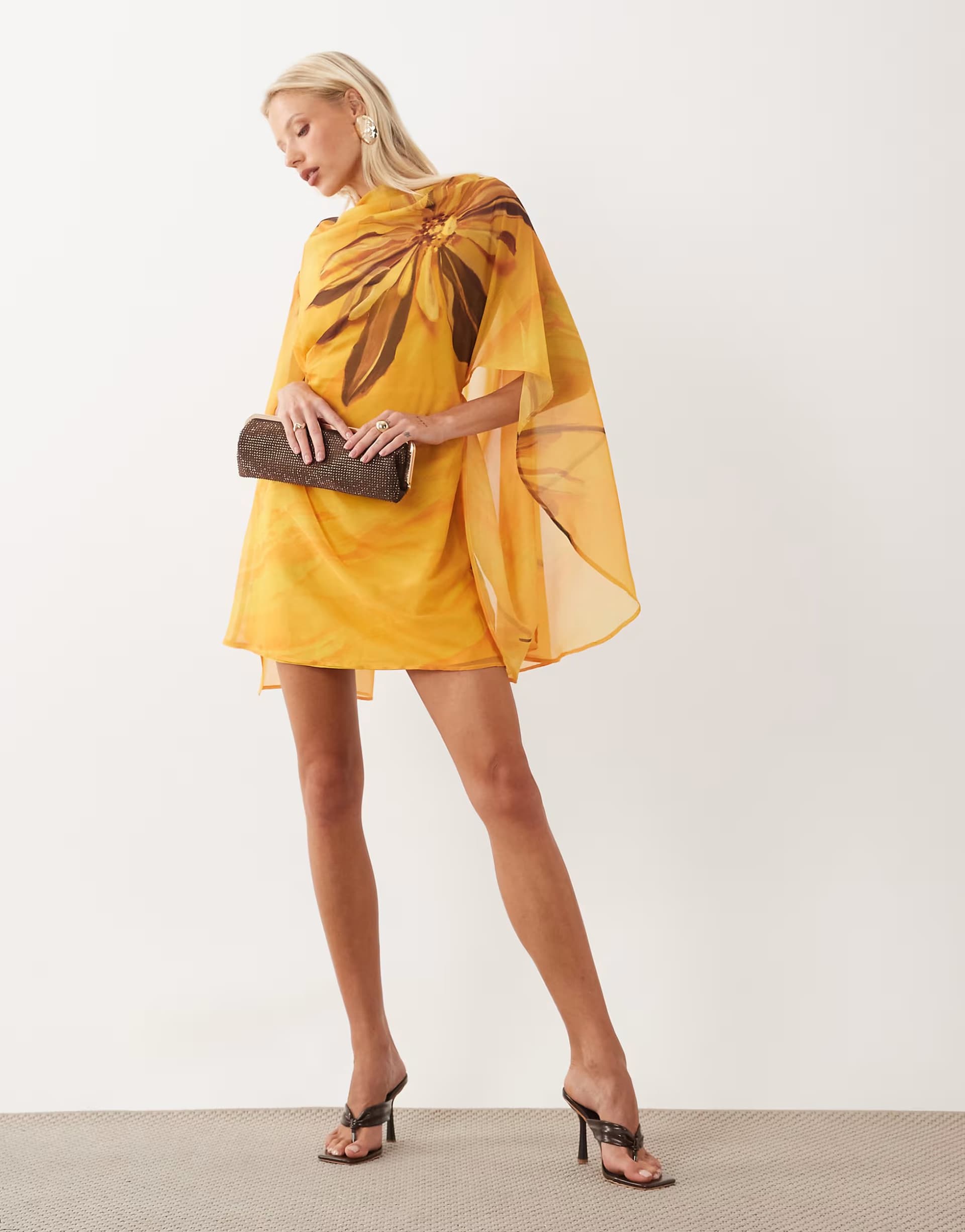 ASOS ASOS DESIGN high neck drape front extreme cape sleeve mini dress in yellow placement floral print