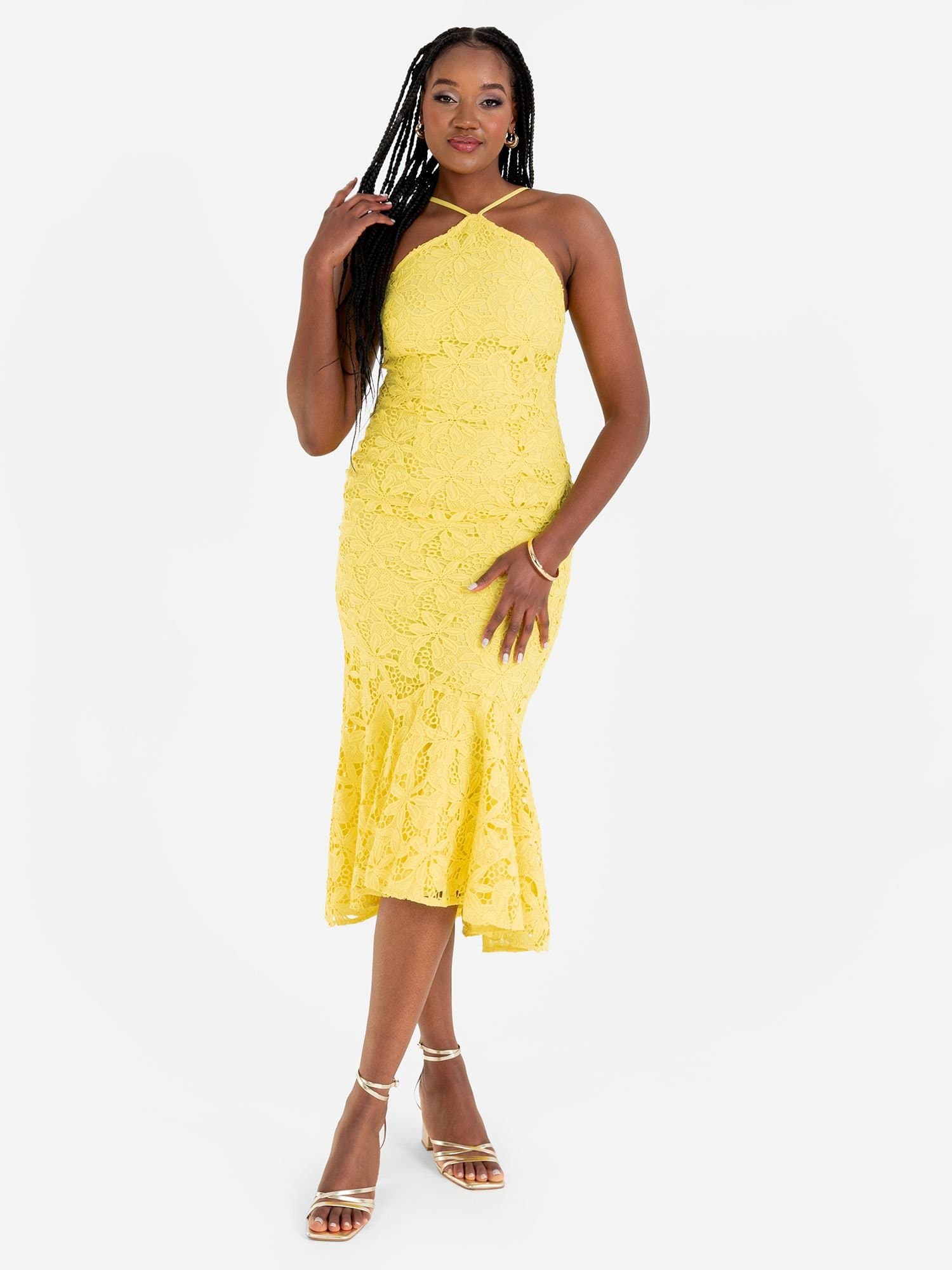 Maya Deluxe Maya Deluxe Women's Halter Neck Lace Midi Dress in Yellow