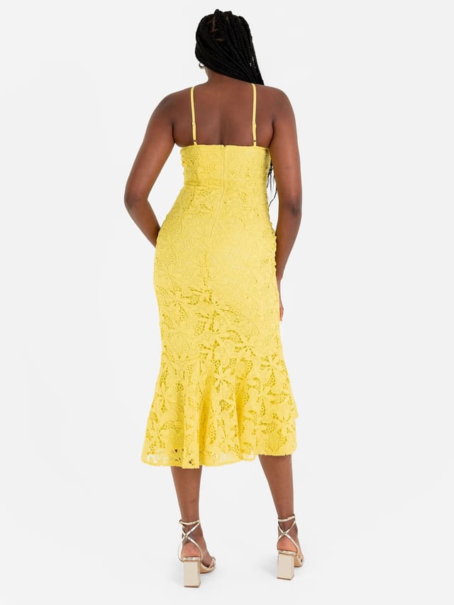 Maya Deluxe Maya Deluxe Women's Halter Neck Lace Midi Dress in Yellow - 3