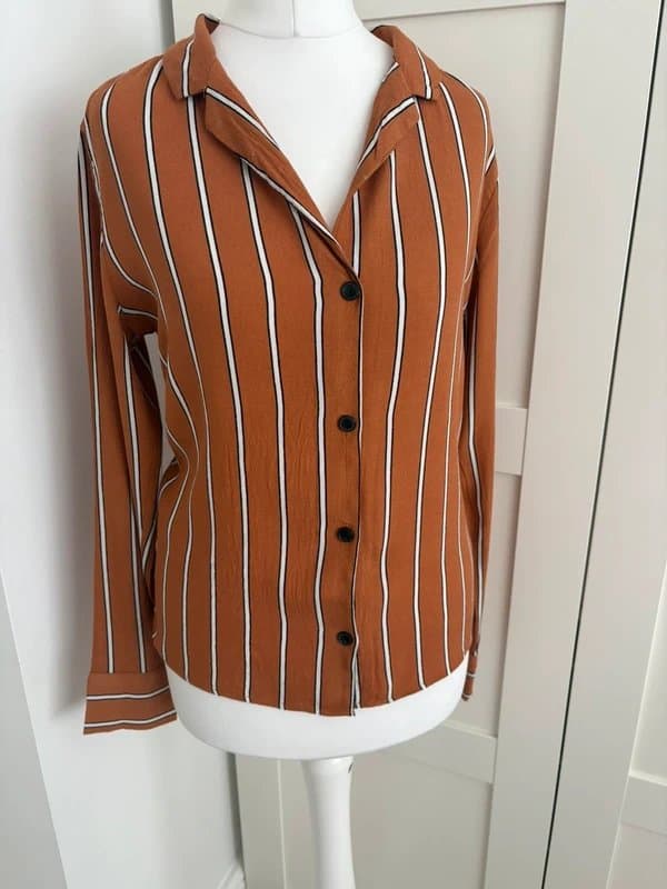 Bershka Bershka Rust Orange Striped Button-Up Blouse XS Long Sleeve Collared Shirt