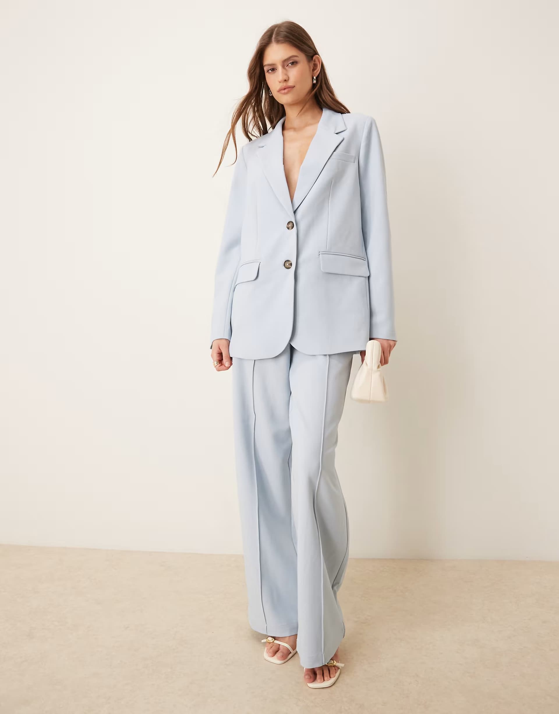 ASOS YAS oversized blazer and wide leg trouser set with tortoise shell button detail in sky blue