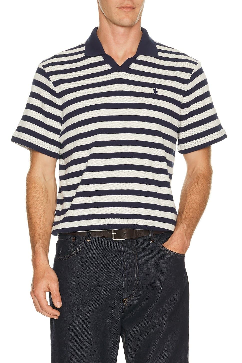 revolve Short Sleeve Cotton Club Stripe Textured Fully Fashioned Johnny Collar Polo