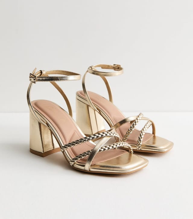 New Look Women's Wide Fit Gold Faux Leather Block Heel Sandals Vegan New Look - 3