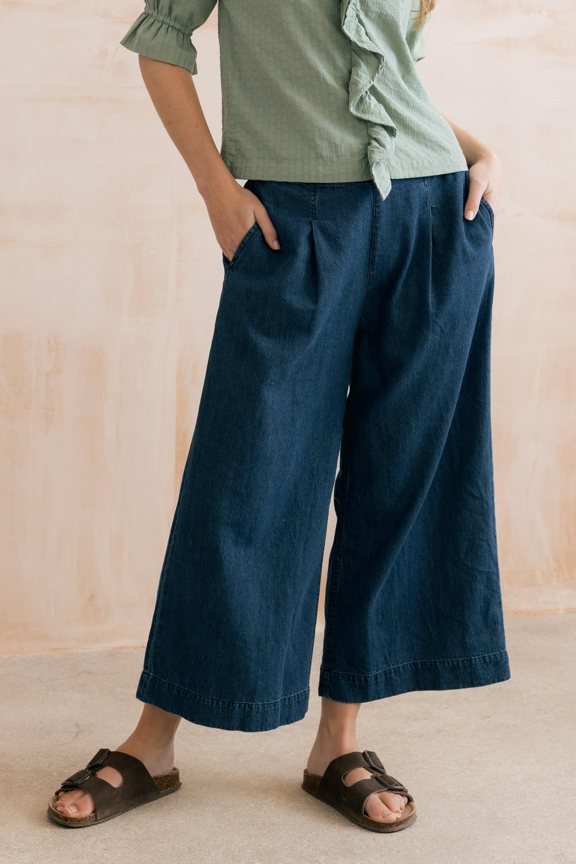 Lily & Me Lily & Me Women's Summer Wide Leg Denim Trousers in Blue