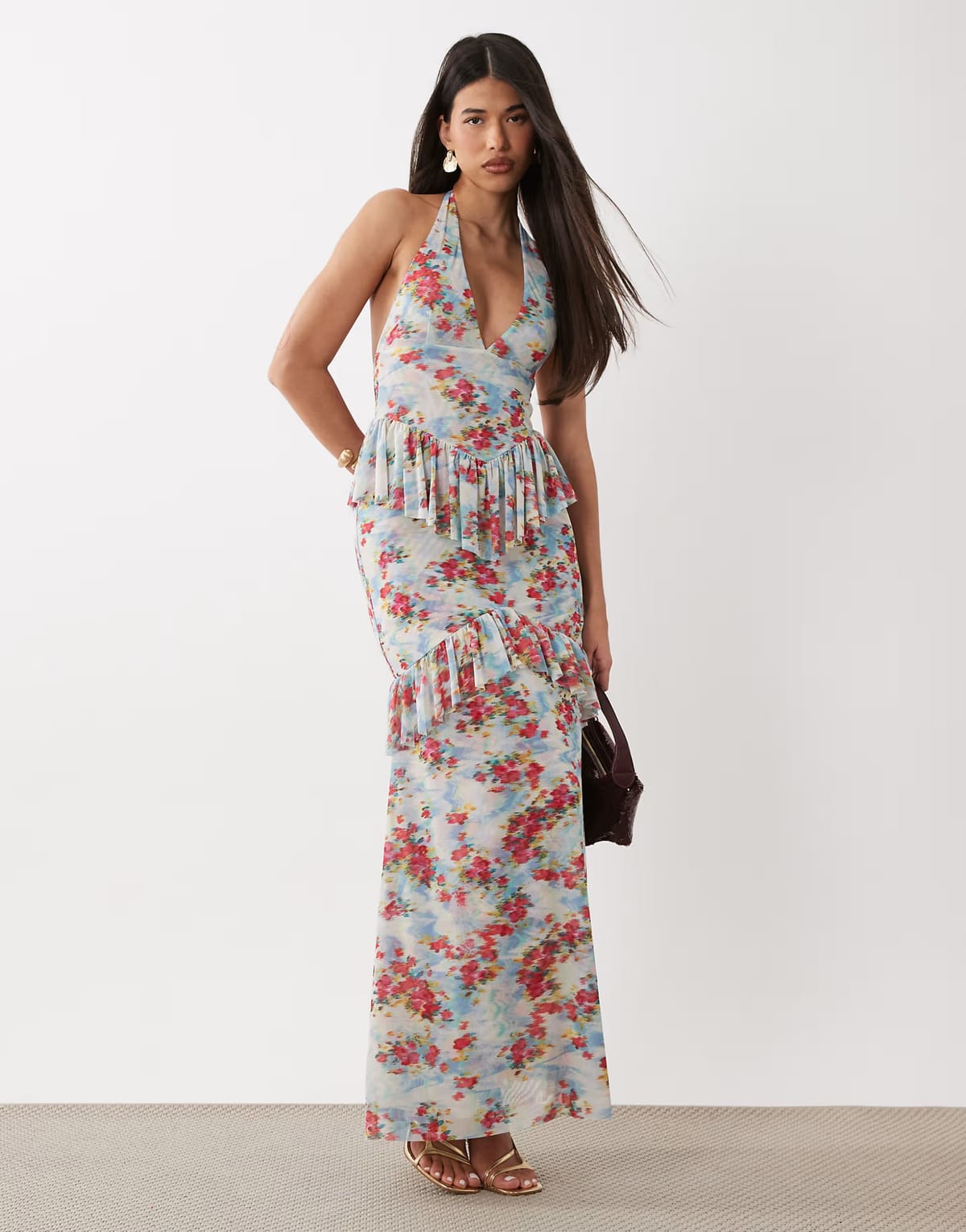 ASOS AFRM Athens printed mesh halter neck tiered maxi dress in blue floral - 1