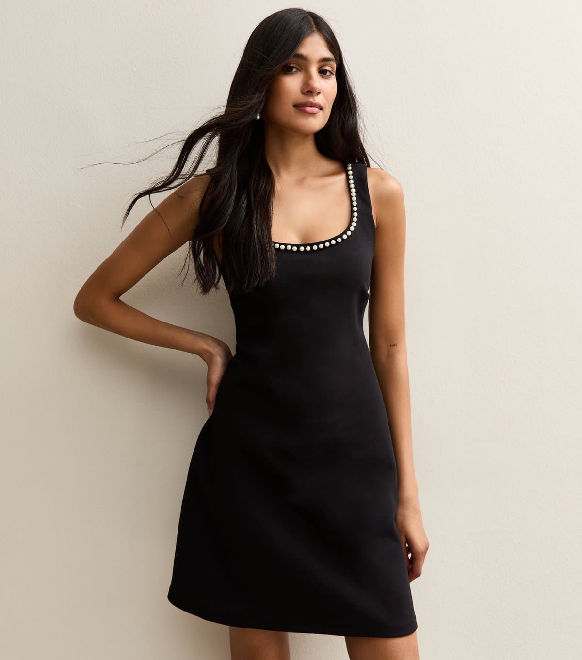 New Look Women's Black Faux Pearl Embellished Scoop Neck Mini Dress New Look
