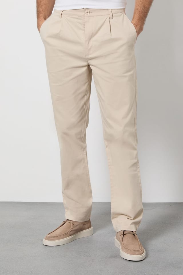 Burton Burton Men's Beige Pleat Front Straight Fit Chino Trousers - 2