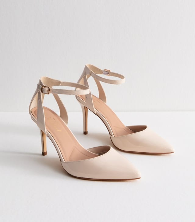 New Look Women's Wide Fit Off White Faux Patent Leather Pointed Toe Ankle Strap Pumps Vegan New Look - 2