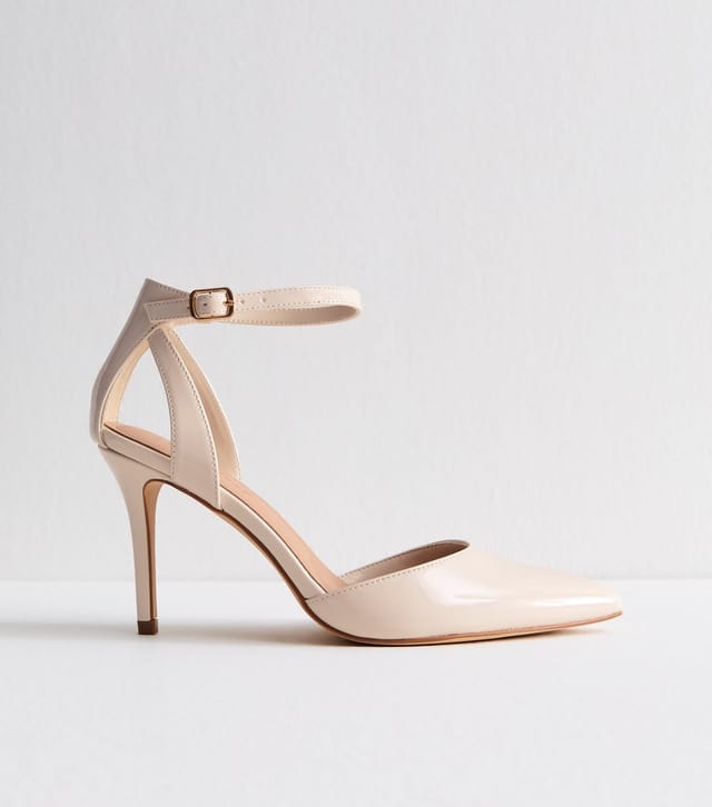New Look Women's Wide Fit Off White Faux Patent Leather Pointed Toe Ankle Strap Pumps Vegan New Look - 3