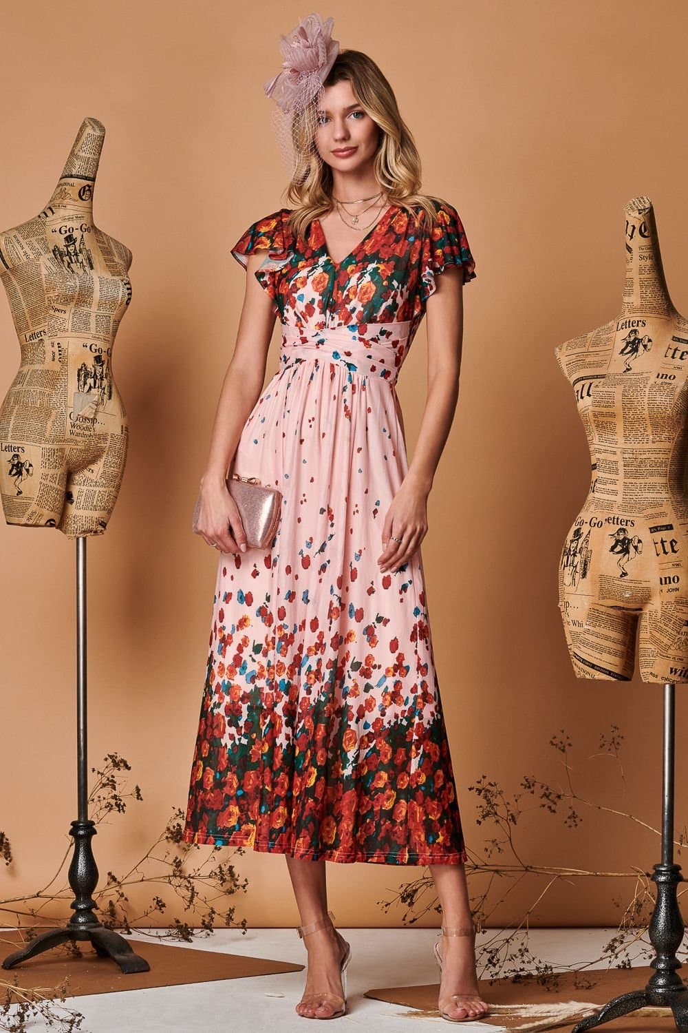 Jolie Moi Jolie Moi Women's Symmetrical Floral Print Mesh Maxi Dress in Coral