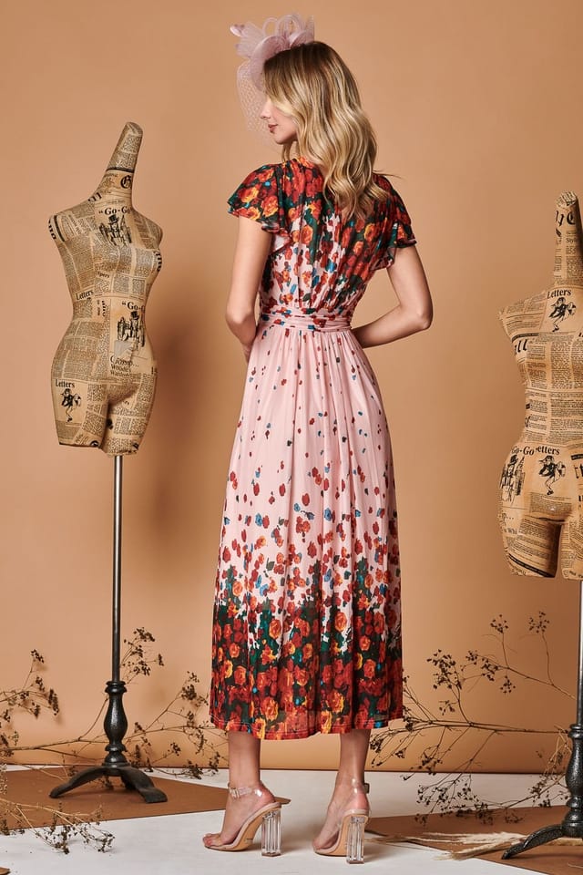 Jolie Moi Jolie Moi Women's Symmetrical Floral Print Mesh Maxi Dress in Coral - 2