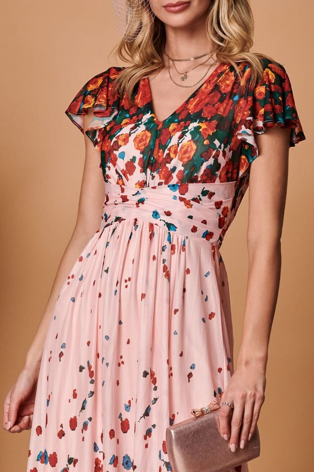 Jolie Moi Jolie Moi Women's Symmetrical Floral Print Mesh Maxi Dress in Coral - 3