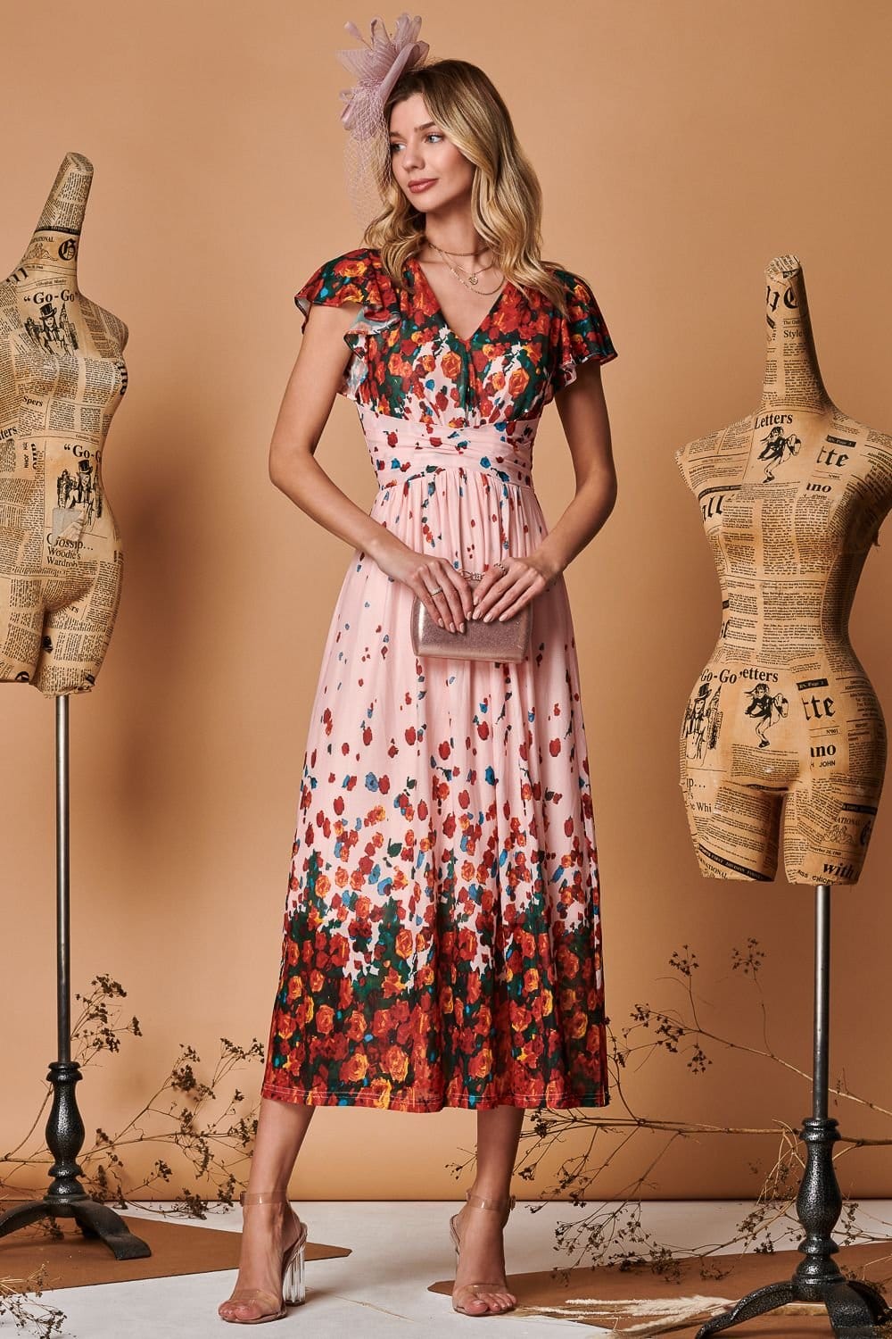 Jolie Moi Jolie Moi Women's Symmetrical Floral Print Mesh Maxi Dress in Coral - 4