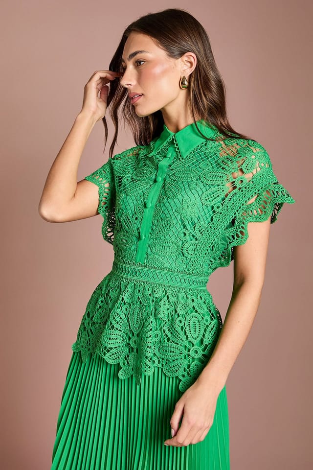 Coast Coast Women's Petite Collared Lace Top Pleated Skirt Midi Dress in Green - 2