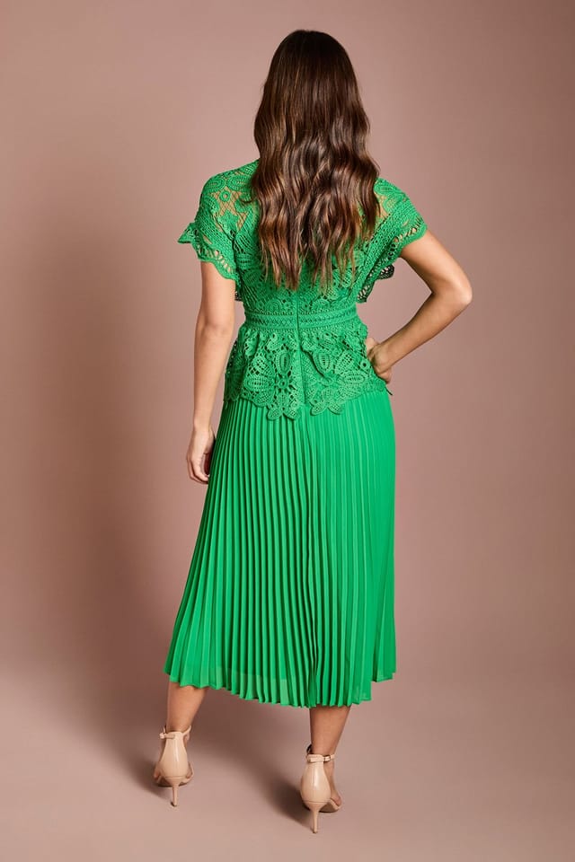 Coast Coast Women's Petite Collared Lace Top Pleated Skirt Midi Dress in Green - 3