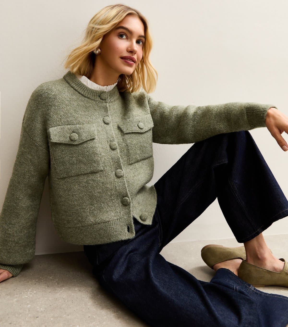 New Look New Look Olive Knitted Bomber Jacket