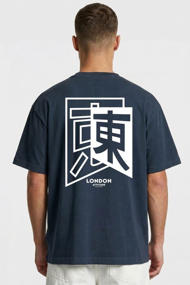LONDON ATTITUDE LONDON ATTITUDE Men's Japanese inspired Oversized Heavyweight Cotton T-Shirt in Dark Blue - 2
