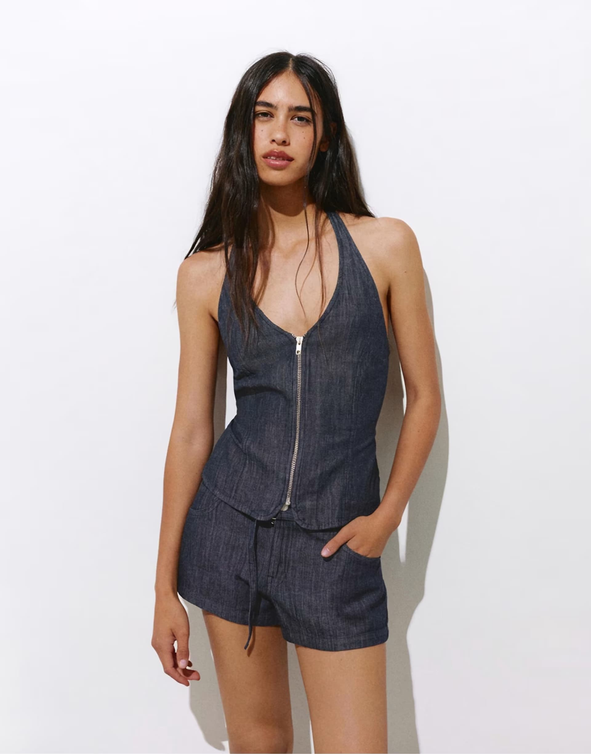 ASOS Pull&Bear Denim shorts with belt in navy