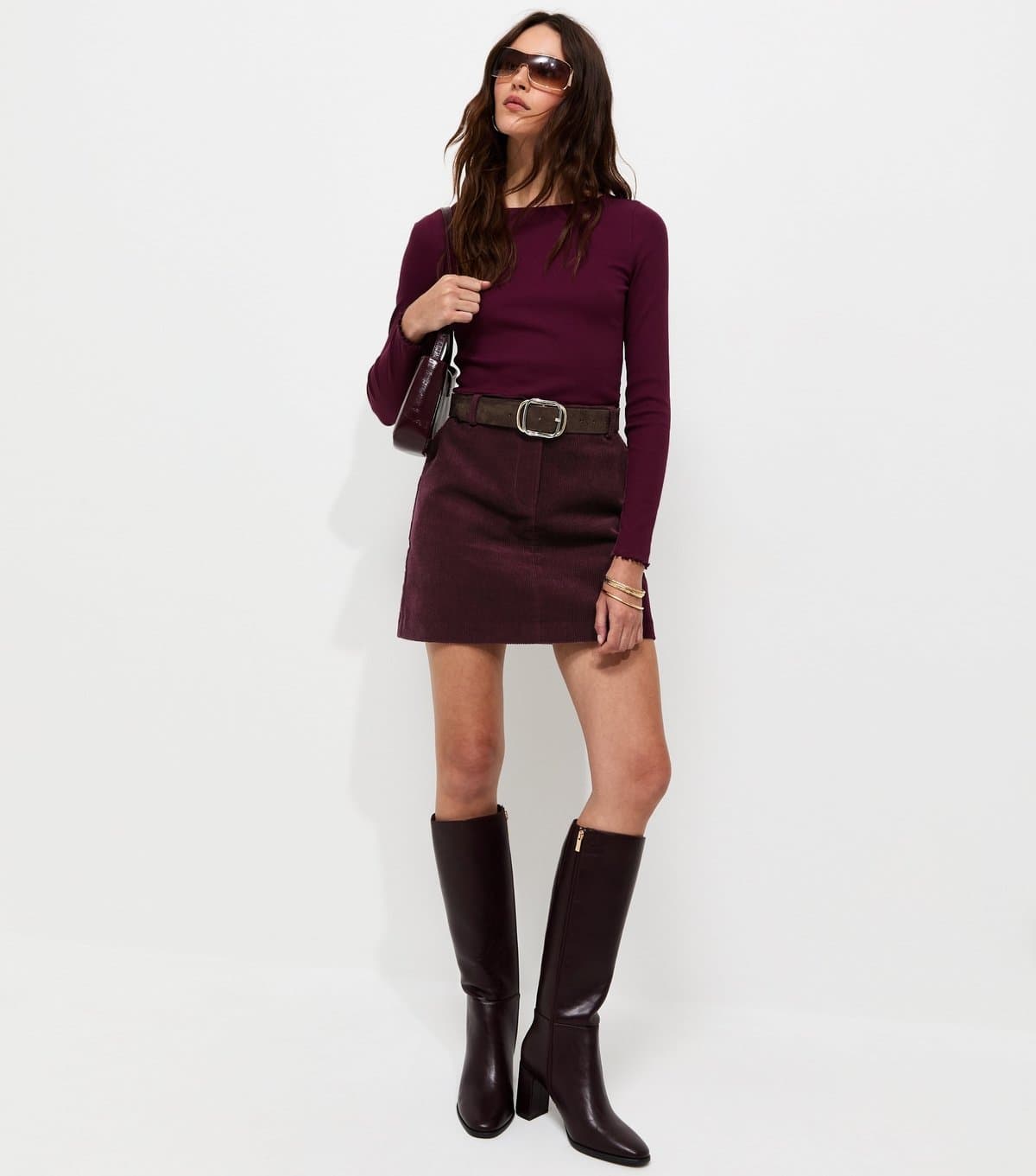 New Look Women's Dark Burgundy Cotton Corduroy Mini Skirt New Look