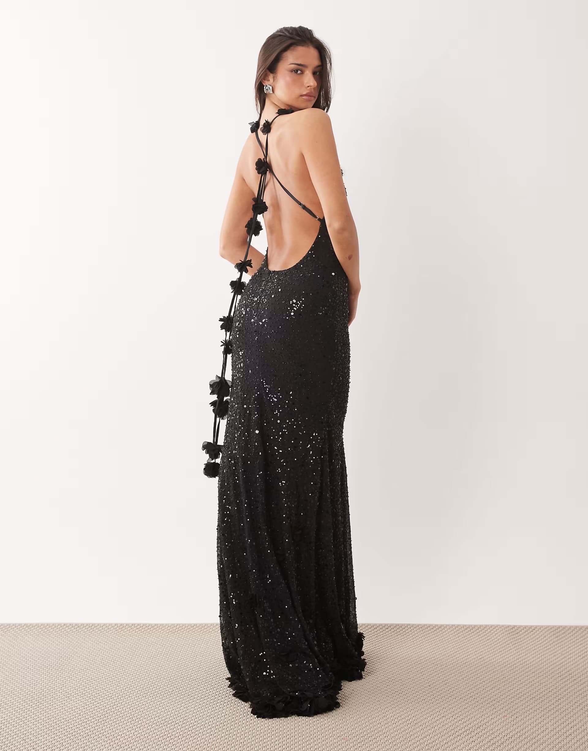 ASOS Oh Polly Premium embellished plunge open-back gown in black