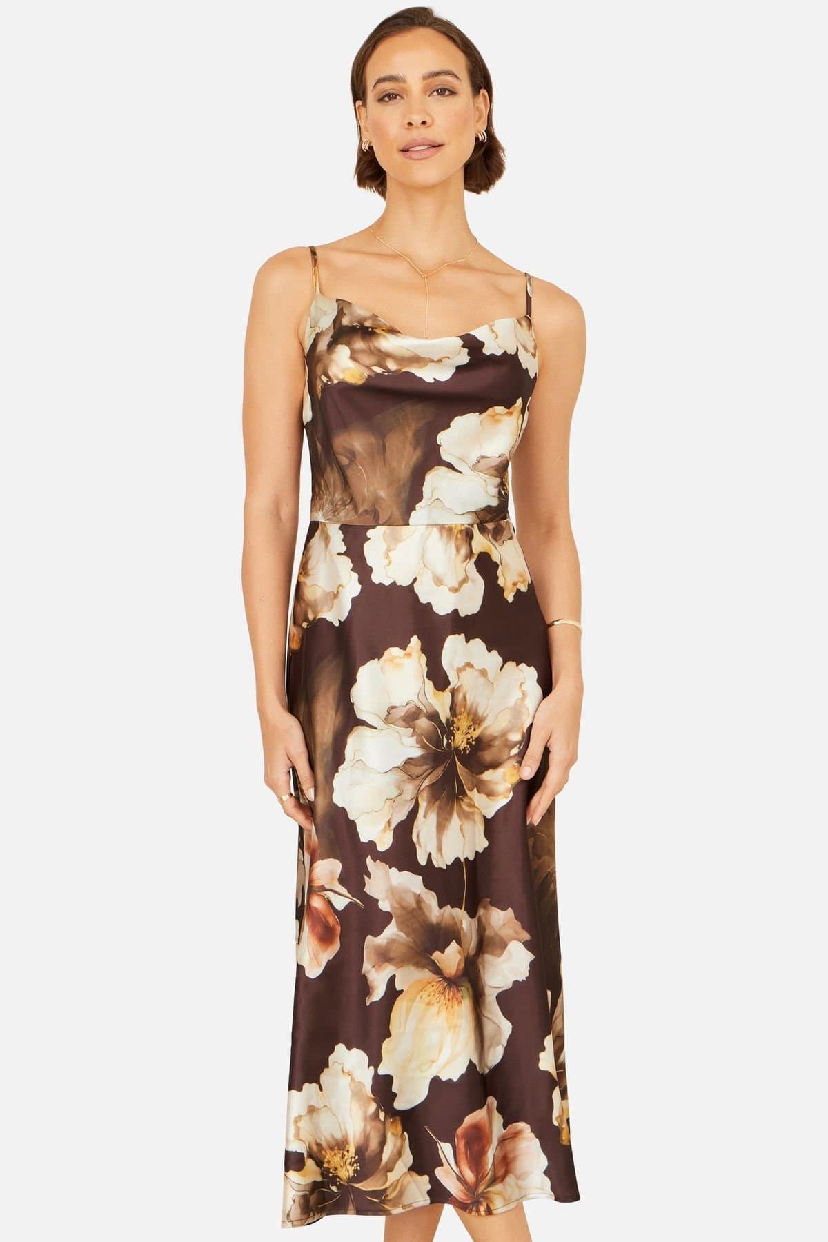 Yumi Yumi Women's Satin Cowl Neck Floral Dress in Dark Brown