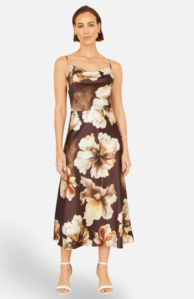 Yumi Yumi Women's Satin Cowl Neck Floral Dress in Dark Brown - 2
