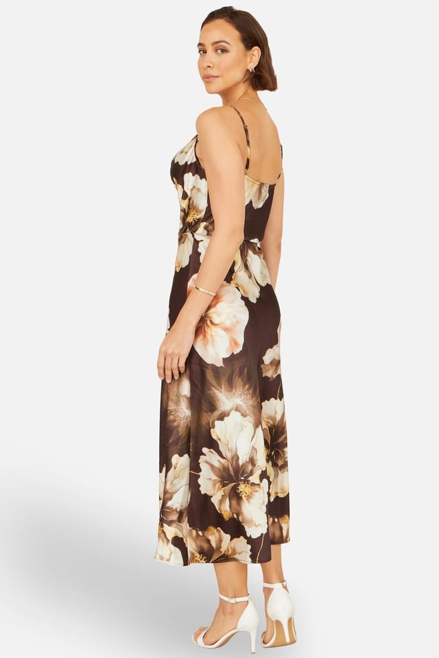 Yumi Yumi Women's Satin Cowl Neck Floral Dress in Dark Brown - 3