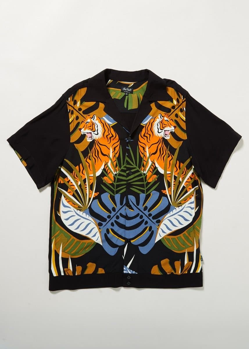 Chet Rock Chet Rock Men's Tiger Rockabilly Bowling Shirt Short Sleeve Black