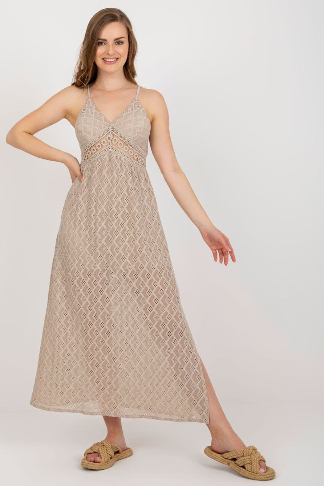 Love Lace Love Lace Women's Strapless Openwork Sweetheart Back Tie Dress in Beige