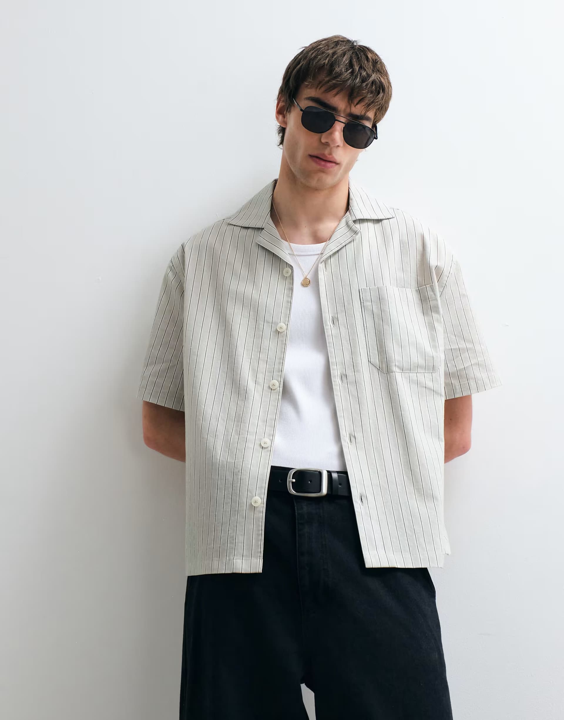 ASOS ASOS COLLECTIVE relaxed cotton striped shirt with linen in pale green