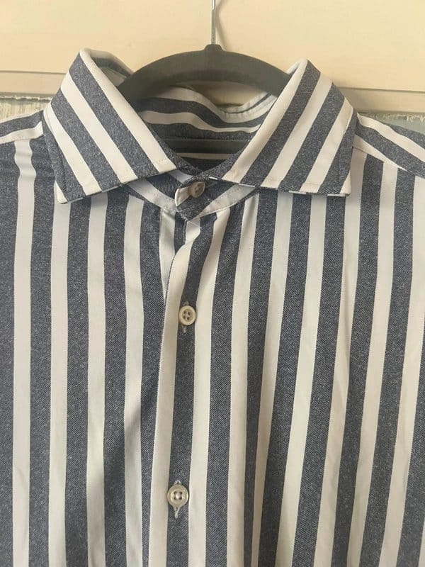DAKS London Men's Blue White Striped Shirt Long Sleeve Smart Casual Stretch