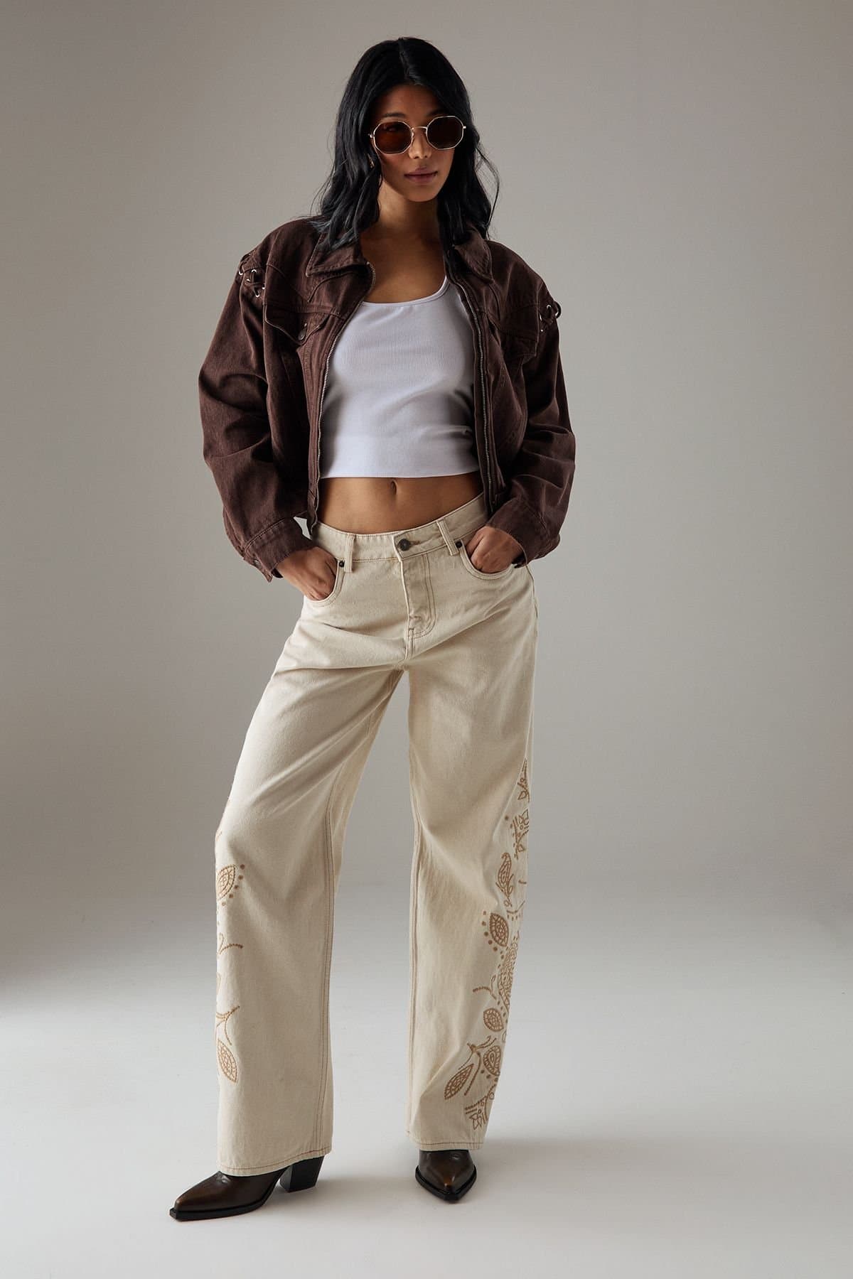 Warehouse Warehouse Women's Embroidered Denim Dad Jeans in Ecru