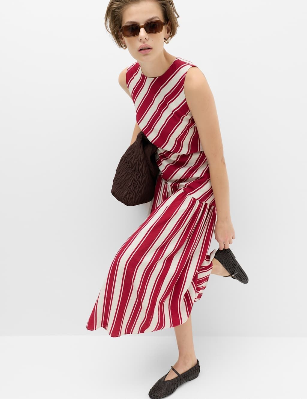 Marks & Spencer M&S Striped Midaxi Drop Waist Dress Red Mix