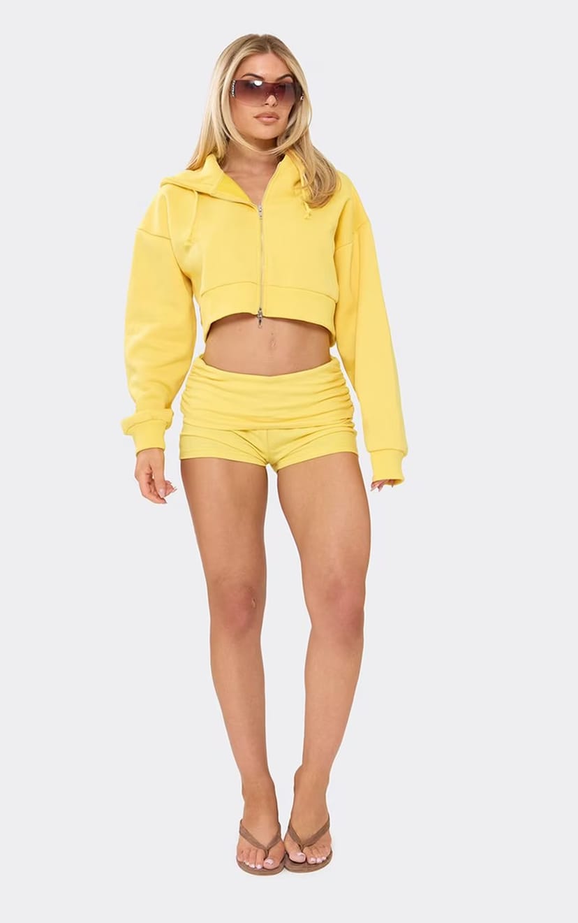 EGO Long Sleeve Double Zip Cropped Hoodie In Yellow, Women's Size UK 6 - 1