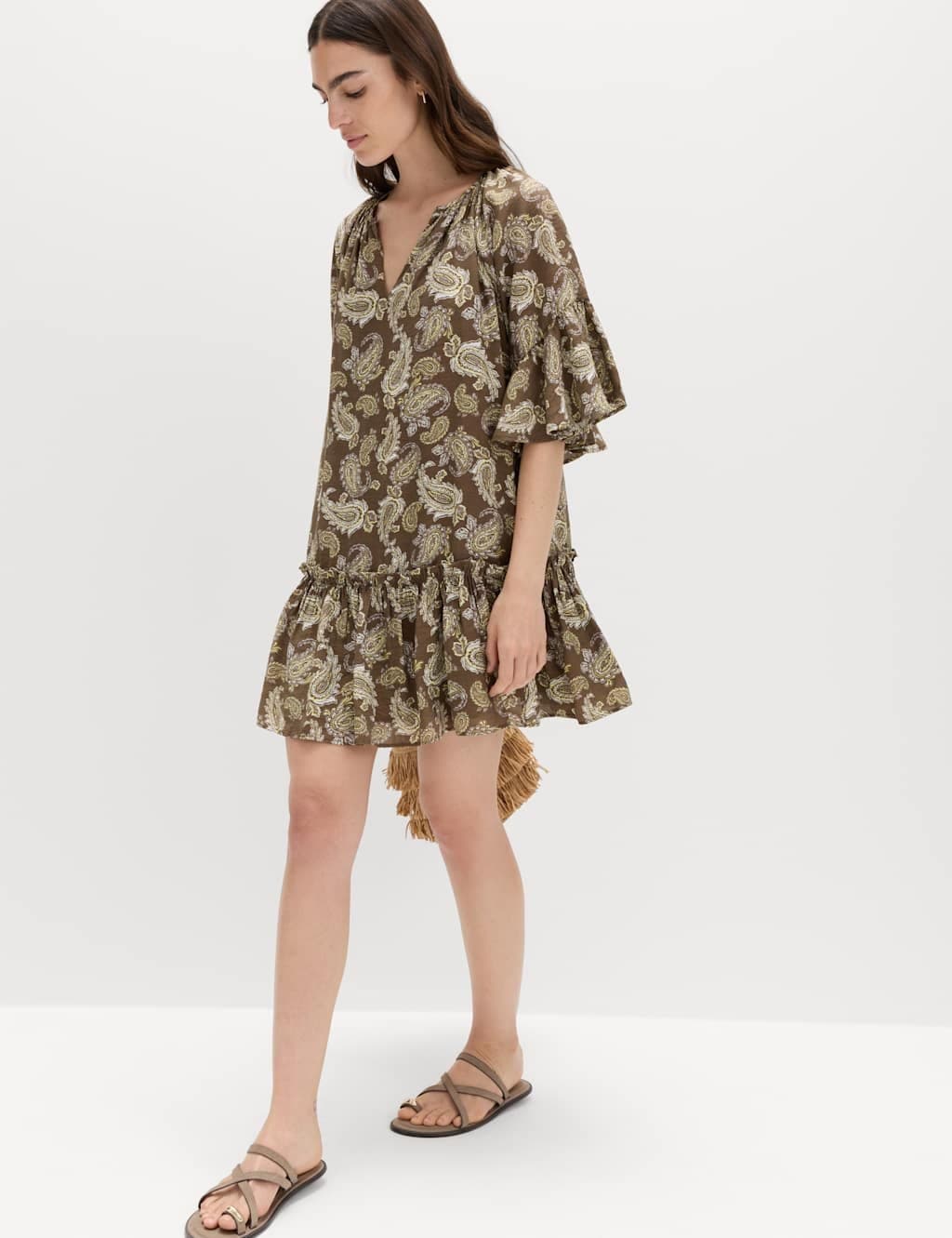 Marks & Spencer M&S Paisley Angel Sleeve Mini Tiered Dress Khaki Mix