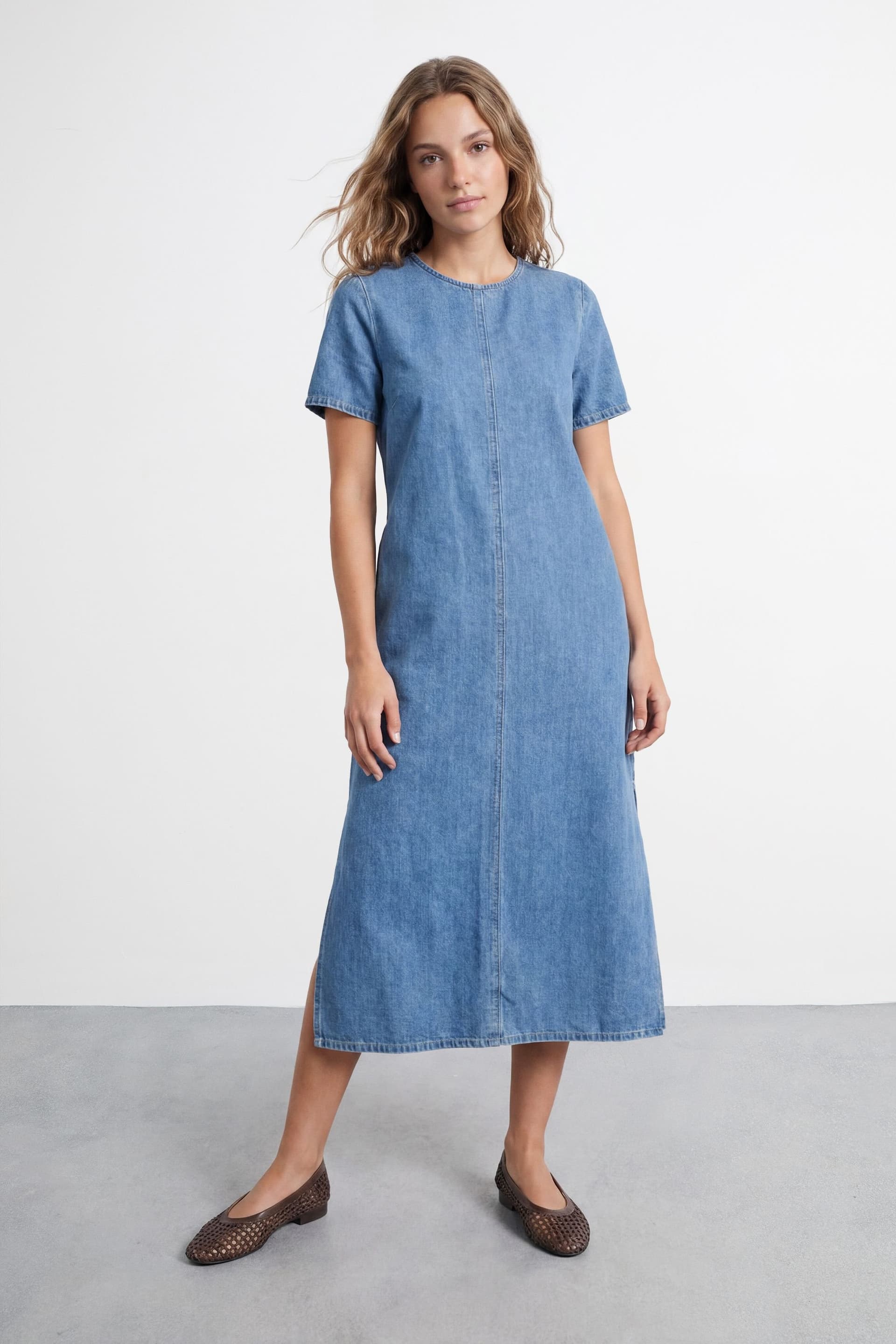 Warehouse Warehouse Women's Petite Denim Side Split Midi Dress in Dark Wash