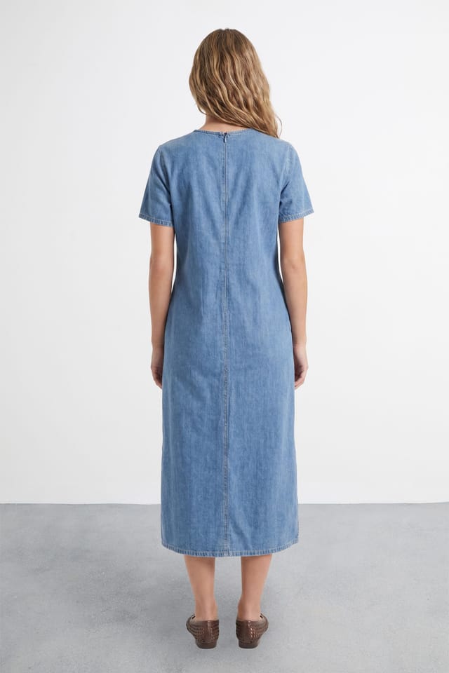Warehouse Warehouse Women's Petite Denim Side Split Midi Dress in Dark Wash - 3