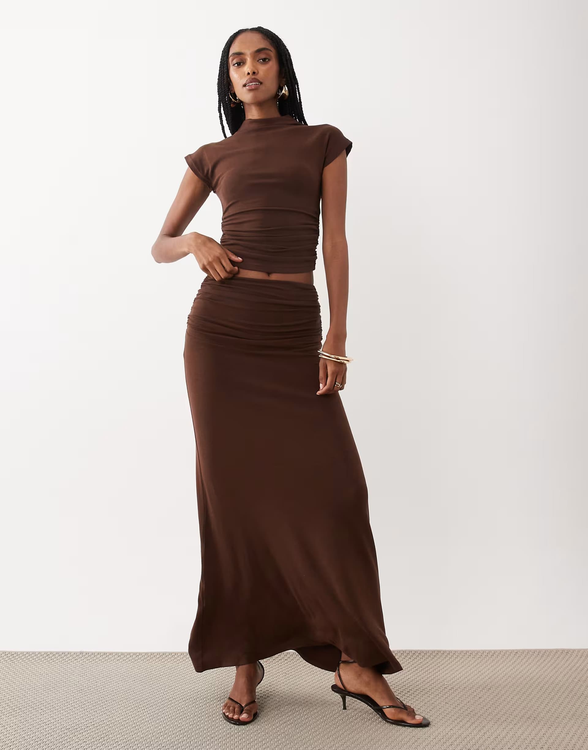 ASOS 4th & Reckless ruched side high neck short sleeve top and  fold over ruched side maxi skirt co-ord in chocolate