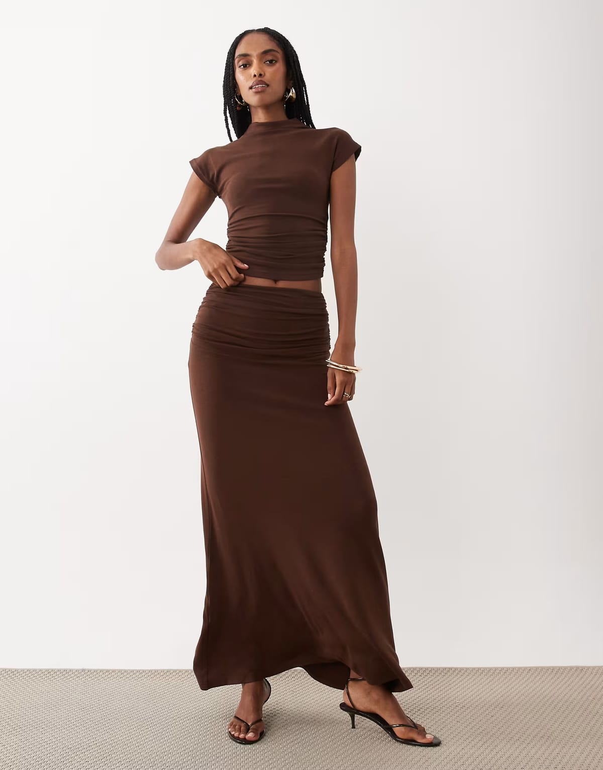 ASOS 4th & Reckless ruched side high neck short sleeve top and fold over ruched side maxi skirt co-ord in chocolate - 1