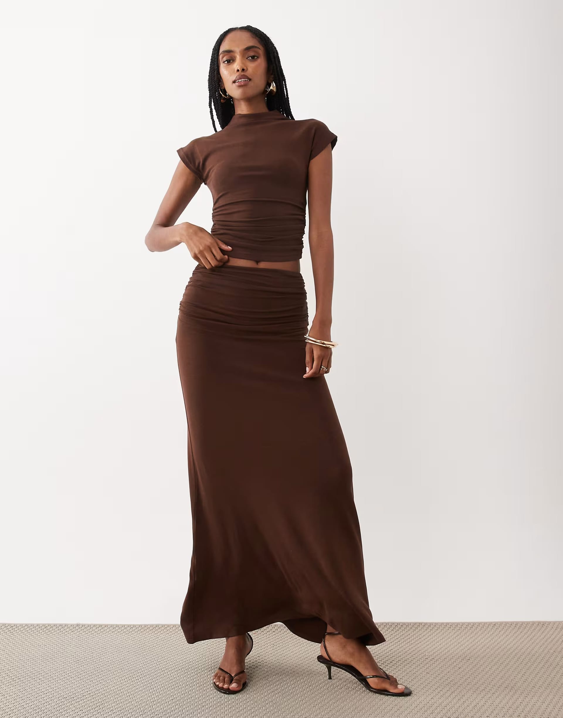 ASOS 4th & Reckless Chocolate Ruched Side High Neck Short Sleeve