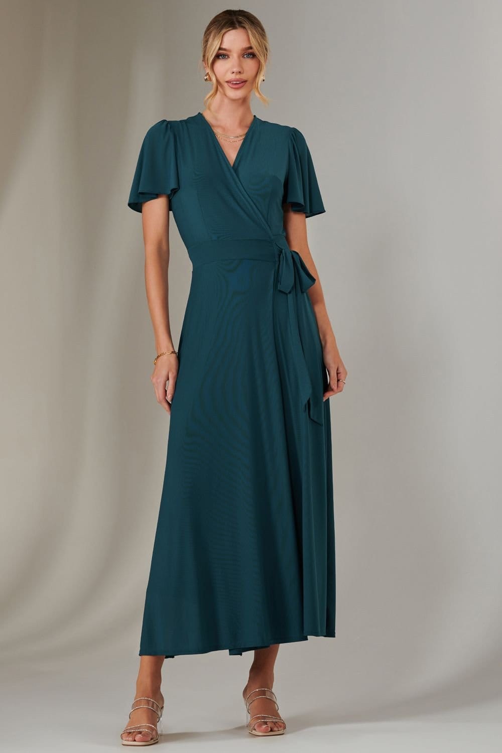 Jolie Moi Jolie Moi Women's Plain Angel Sleeve Wrapped Maxi Dress in Teal - 1