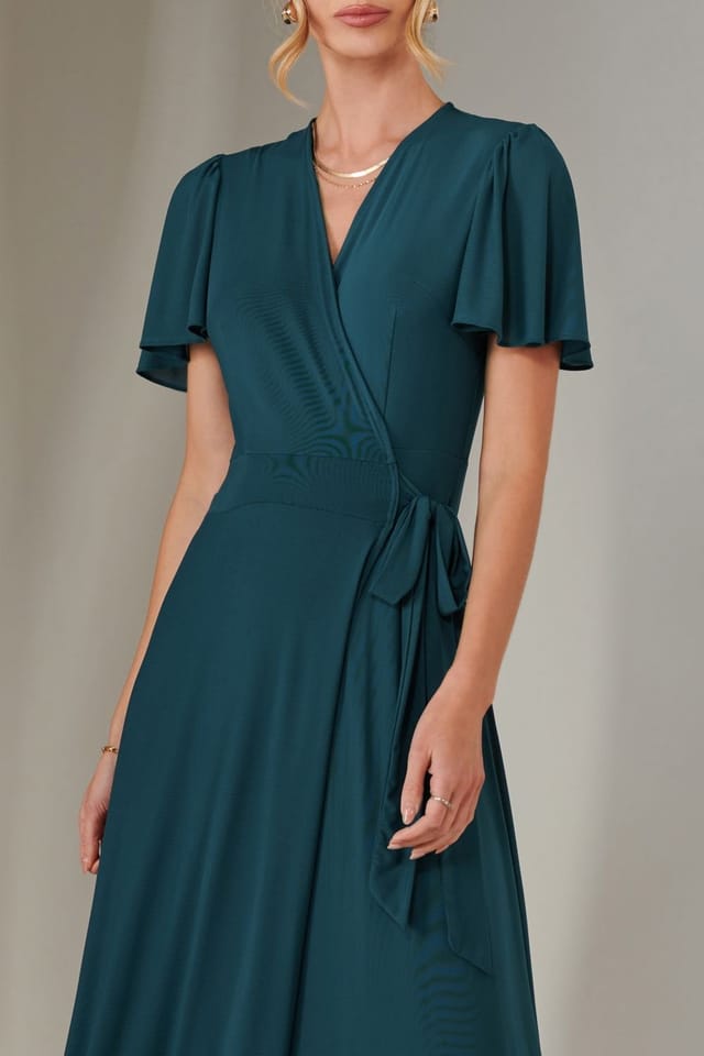 Jolie Moi Jolie Moi Women's Plain Angel Sleeve Wrapped Maxi Dress in Teal - 3
