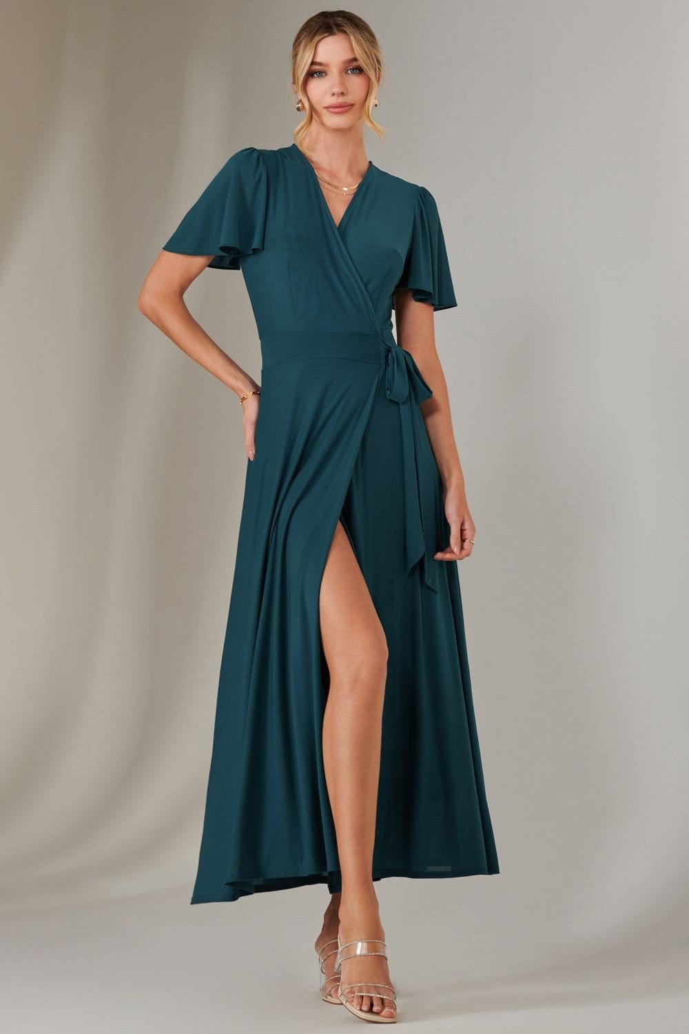 Jolie Moi Jolie Moi Women's Plain Angel Sleeve Wrapped Maxi Dress in Teal - 4