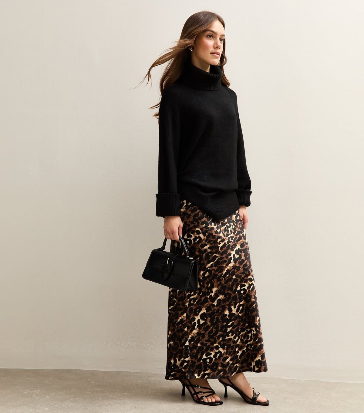 New Look Women's Petite Brown Leopard Print Satin Midi Skirt New Look