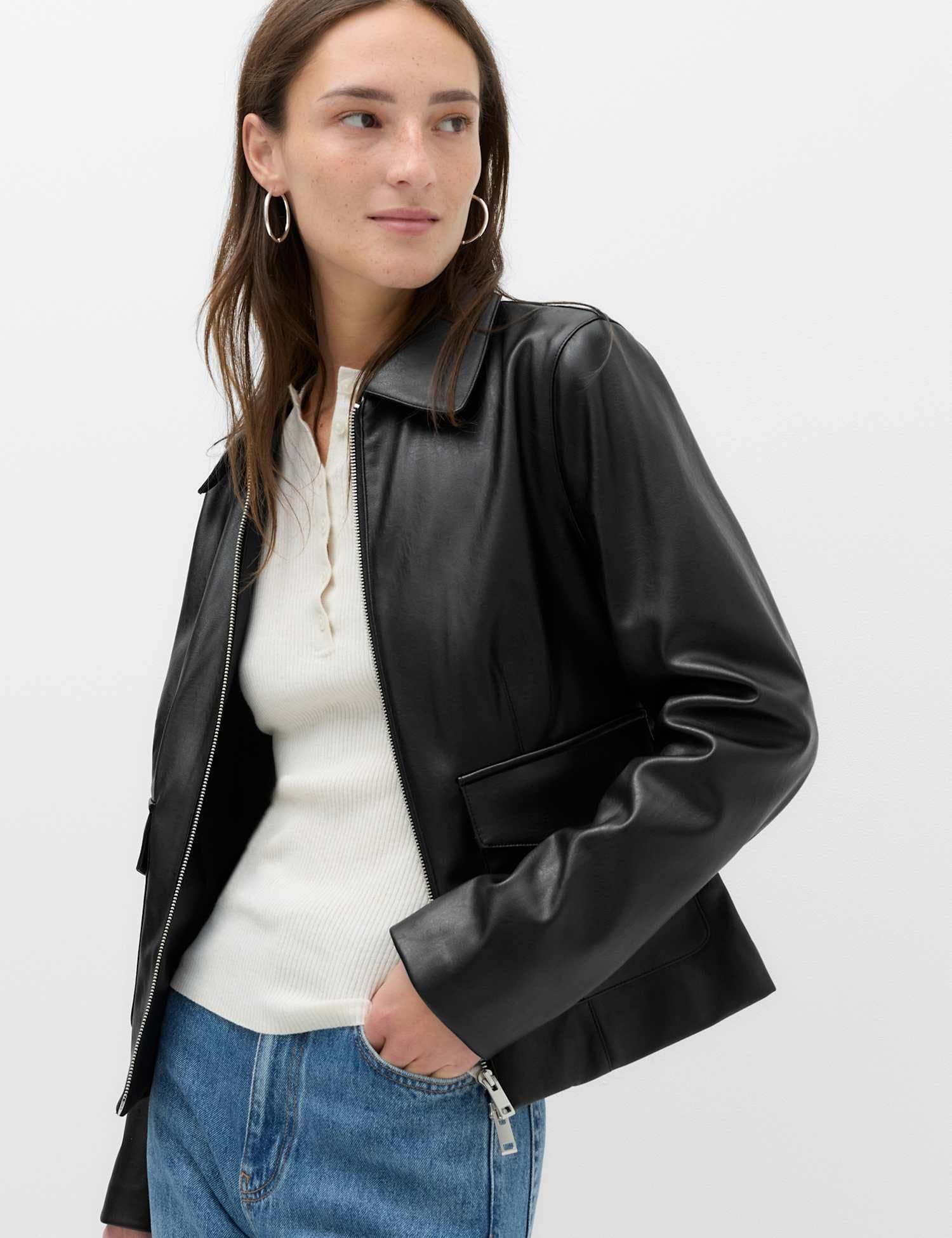 Marks & Spencer M&S Faux Leather Zip Through Harrington Jacket Black