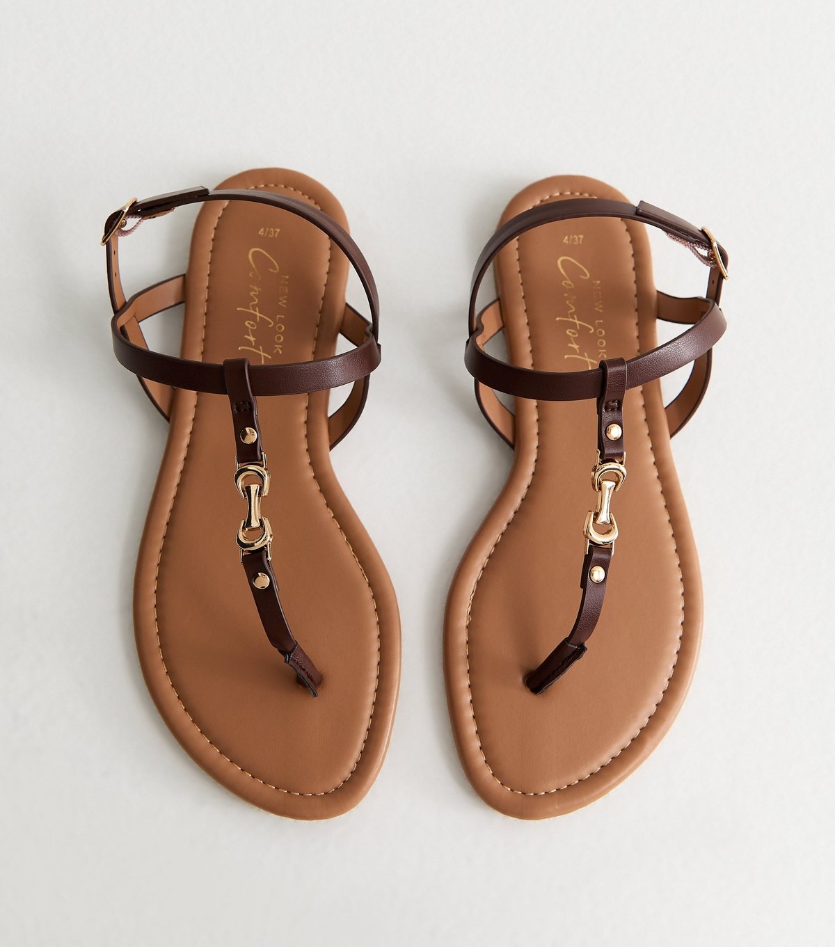 New Look Women's Brown Faux Leather Metal Toe Post Sandals Vegan New Look - 1